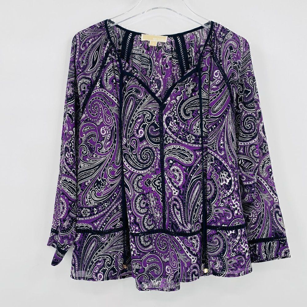 Michael Kors Size Small Purple Paisley Print Sheer Tassel Career Popover Blouse